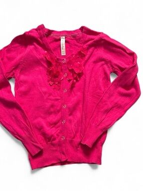 Girls Pink Floral Appliqué Button Cardigan Sweater Sz L/10/12